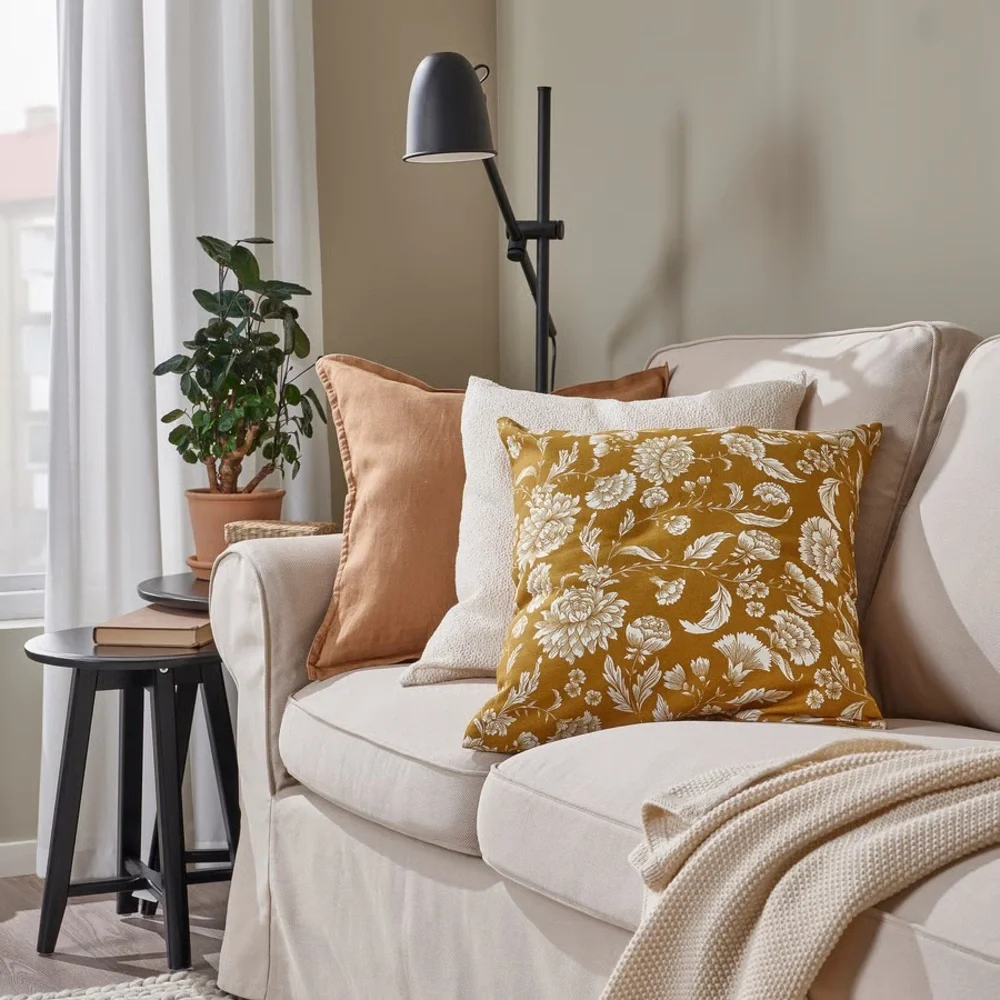 Floral Print Decorative Cushion Covers- Mustard and Cream